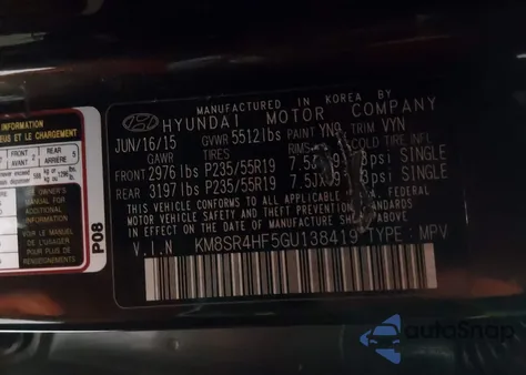 2016 Hyundai Santa Fe Se z USA, uszkodzony, nr VIN KM8SR4HF5GU138419